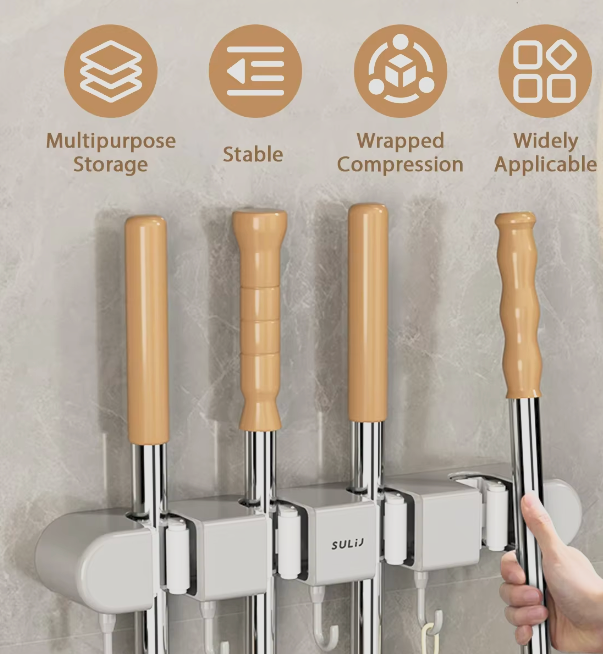 CleanGrip™ Wall-Mounted Broom & Mop Holder