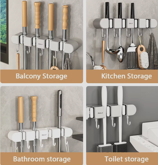 CleanGrip™ Wall-Mounted Broom & Mop Holder